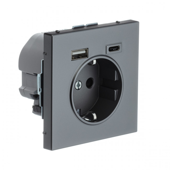 РОЗЕТКА 16 А с 2 USB А+С, 5 В, 1 порт 2,4/3,0 А, 2 порта 1,5 А , Art Gallery, цвет Сталь, GAL000932